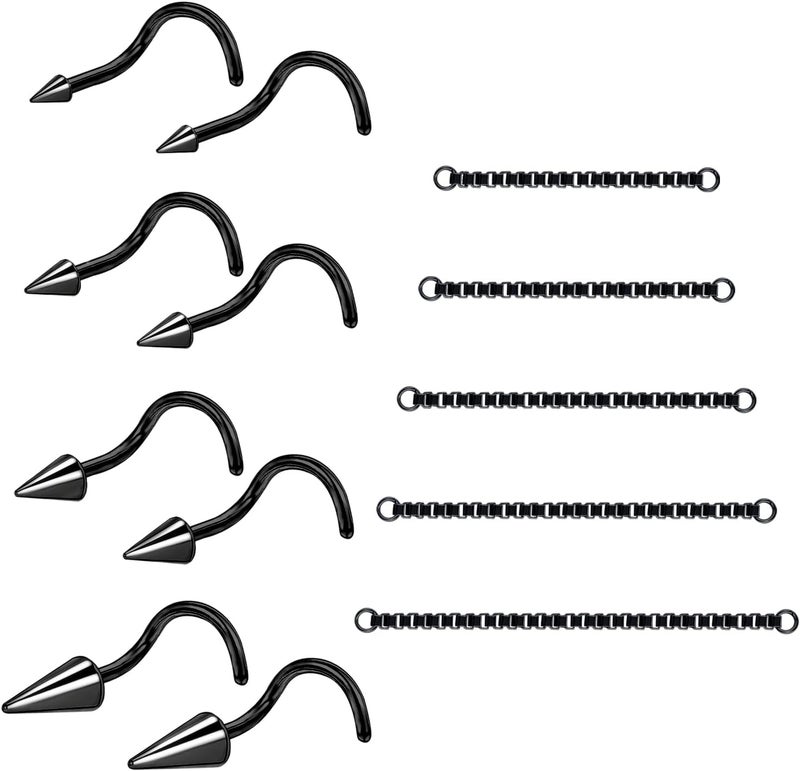 AccGin Store 20G Spike Nose Rings Studs with Chains Stainless Steel Spike Nostril Ring Stud Chain Black Rook Corkscrew Ring L-Shaped Nose Piercing Jewelry Nose Piercing Stud Lip Piercing Jewelry Black Silver Gold - Image 1